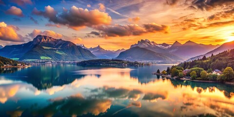 Fototapeta premium Panoramic Double Exposure: Lac d'Annecy & Aravis Mountains