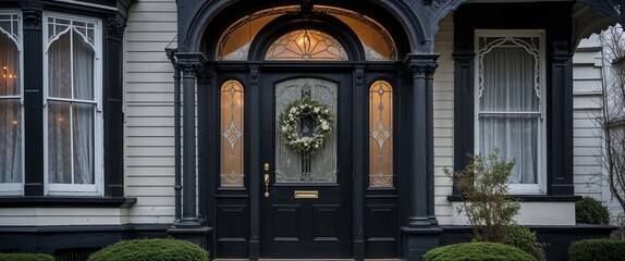arched front door in black Victorian home house frontage portrait