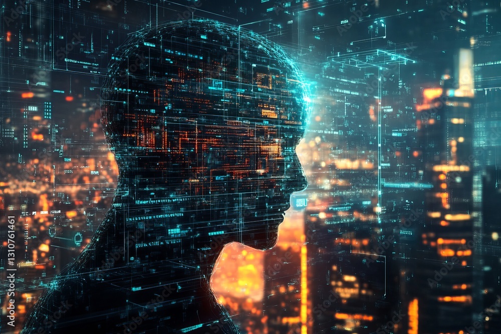 Poster a computer generated image of a person's head with a city in the background
