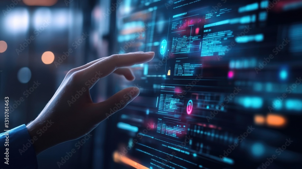 Poster businessman touching virtual touchscreen managing and controlling servers in data center using augme
