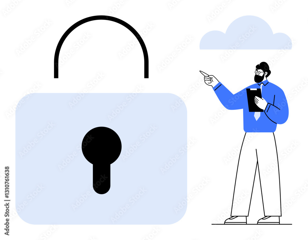 Poster professional pointing toward a large padlock representing security and privacy. ideal for data prote