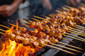 A vendor grills skewers of satay over an open flame at a crowded Ramadhan night market. The smoky aroma fills the air as customers wait in line