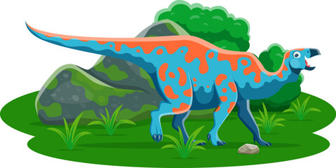 Iguanodon prehistoric dinosaur character. Late Cretaceous Mesozoic era lizard. Isolated cartoon vector ancient herbivore dino reptile animal in natural environment with mossy rocks and green plants