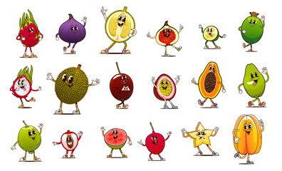 Cartoon groovy whole and half fruit characters of vector retro hippie berry food. Funny papaya, feijoa, fig, dragon and passion fruits. Happy groovy lychee, carambola and guava berry characters