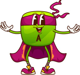 Cartoon groovy vitamin A superhero character. Isolated vector Retinol pill comic defender with a purple cape and mask spreading cheerful and healthy y2k vibe with open arms and a welcoming expression