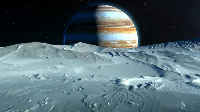 Dramatic view of Jupiter from the icy surface of Europa highlighting the planet's majestic bands and moons in the starry night sky