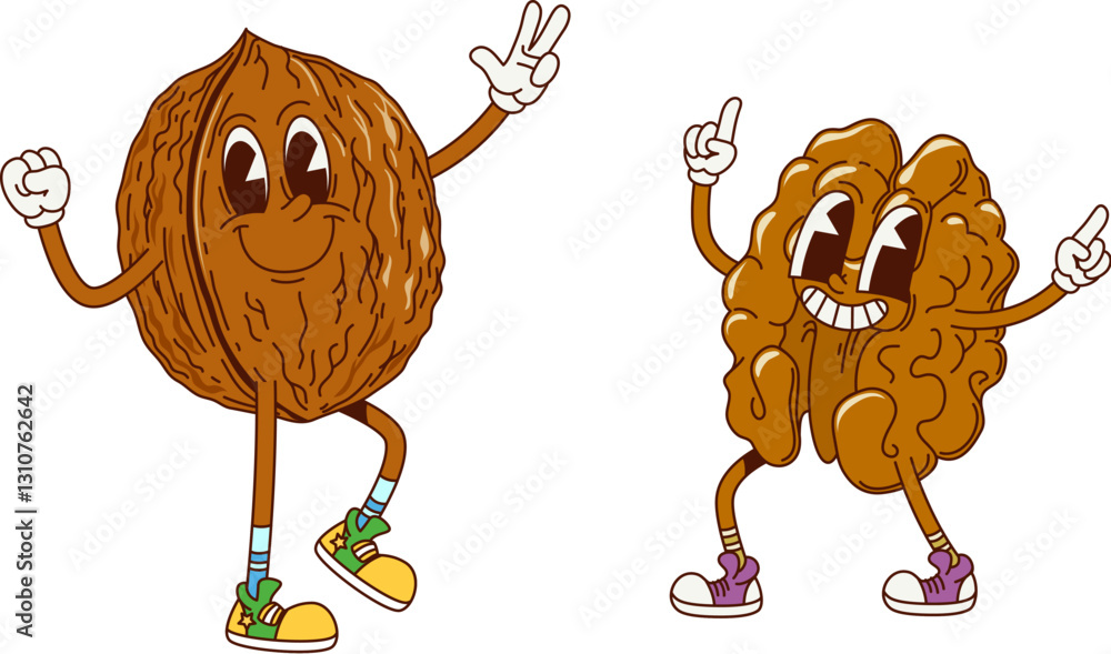 Aufkleber cartoon retro groovy walnut nut characters. healthy nutrition nut snack cartoon isolated vector masc