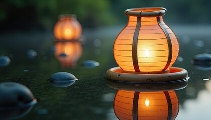 Traditional paper lantern reflecting on water for Asian cultural blogs and meditation guides