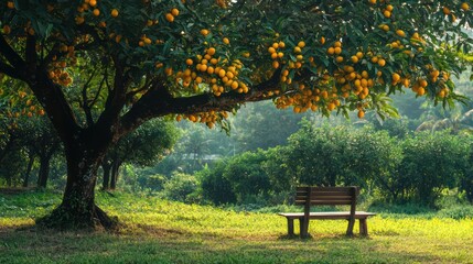 Fototapeta premium Serene orchard bench, sunlit citrus trees, peaceful morning, nature backdrop; ideal for relaxation imagery