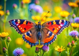 Naklejka premium Panoramic Green Butterfly on Wildflower - Vibrant Nature Photography
