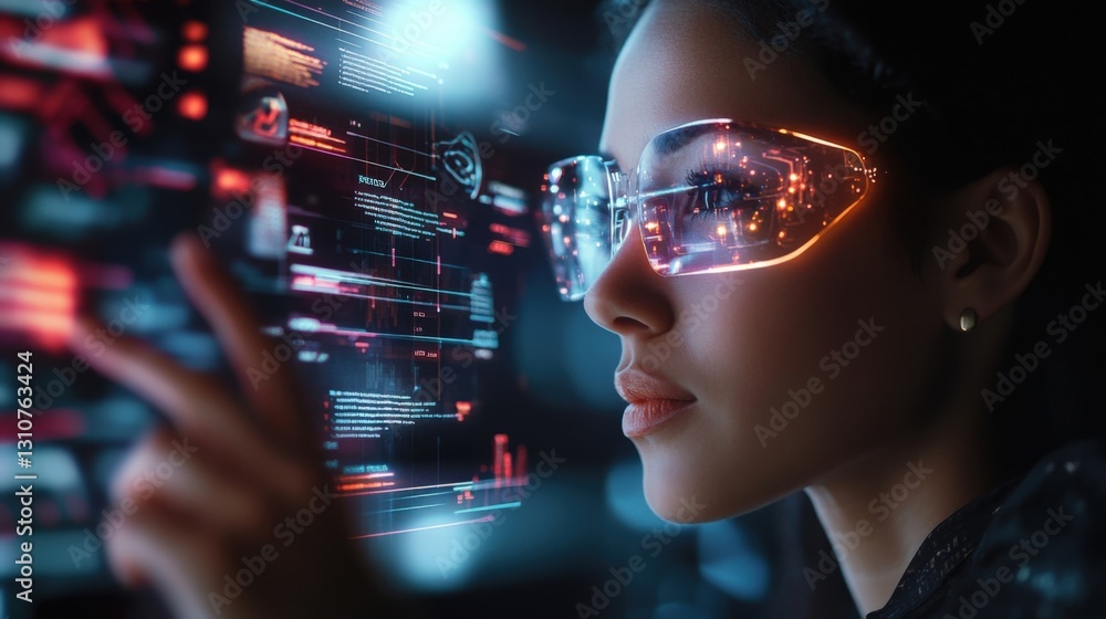 Poster software engineer wearing augmented reality glasses is working with holographic interface, analyzing
