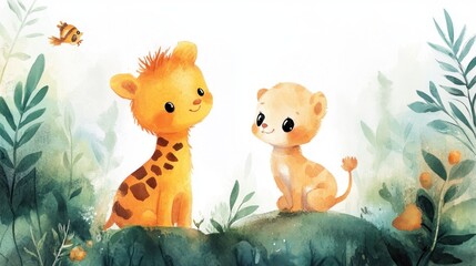 Two adorable stylized animals sit happily in a lush environment