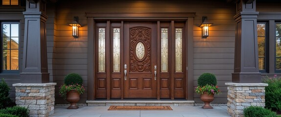 carved front door in brown craftsman home house frontage portrait