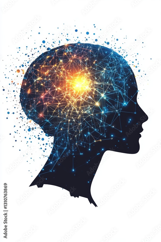 Poster silhouette of human head with abstract neural network visualization