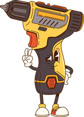 Cartoon groovy electric screwdriver character for repair or DIY construction, vector work tool. Groovy electric screwdriver with funny face and cool gesture for DIY and construction tool character