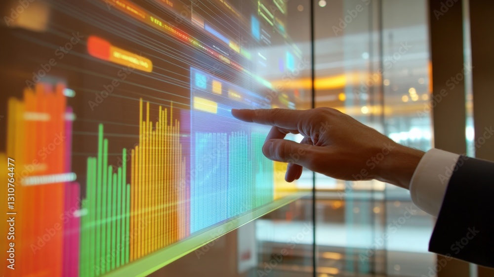 Poster businessman touching interactive colorful bar graph displayed on a large futuristic transparent scre