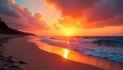 Vibrant orange sunset casting warm glow on sandy beach, Sunset, Waves