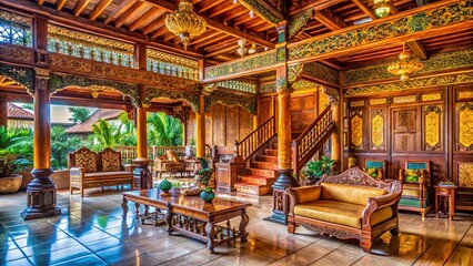 Panoramic Interior of a Traditional Javanese Pendopo House in Yogyakarta, Indonesia - April 2020