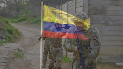 Patrolling soldiers in camouflage gear with Colombian flag animation overlay - Powered by Adobe
