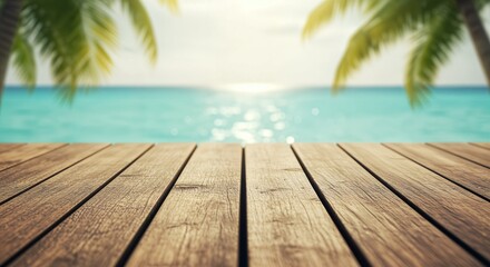 Empty wooden deck plank at a tropical beach with palm trees by the ocean reflecting the summer sunlight