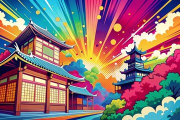 Fototapeta premium Panoramic Manga Backdrop: Flat Paint Stroke Shapes, Colorful Anime Background Illustration