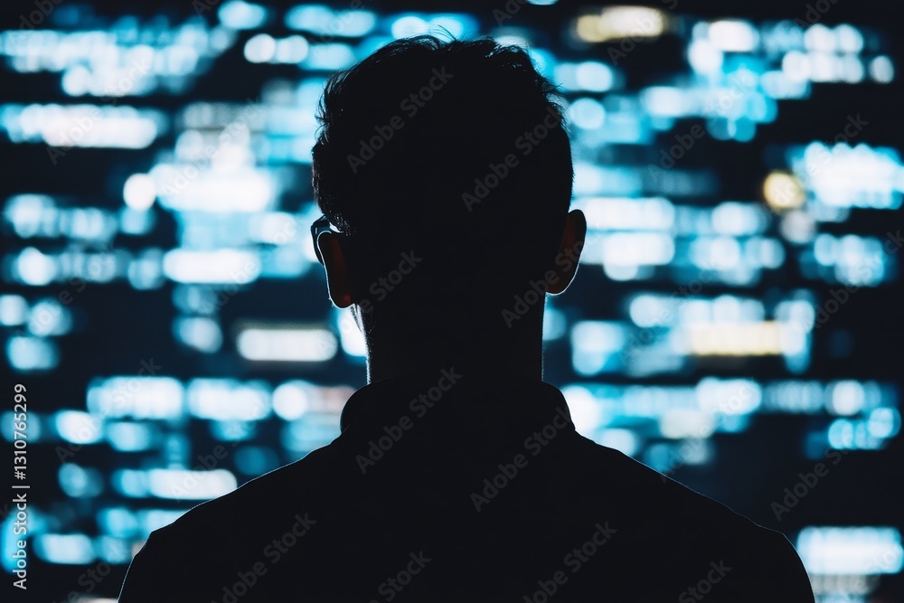 Poster a man is looking at a computer screen with a blurry background