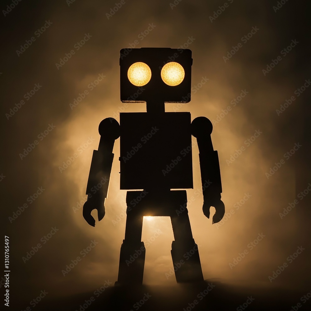 Aufkleber mysterious robot silhouette illuminated by glowing lights in dense fog