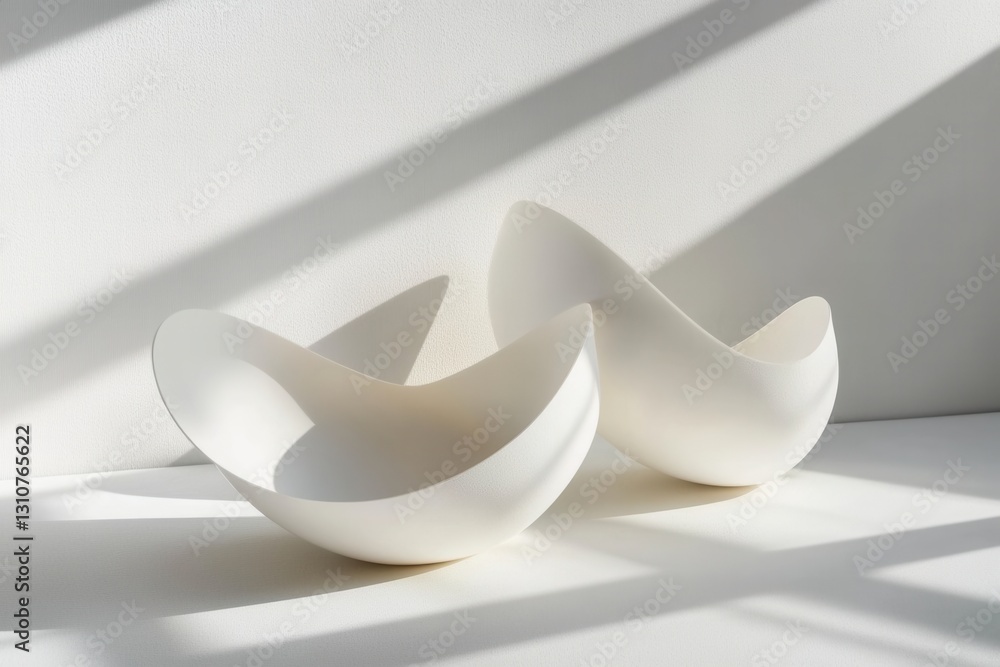 Poster Minimalist floating 3D shapes create a serene environment with soft shadows and elegant light reflections on a white background