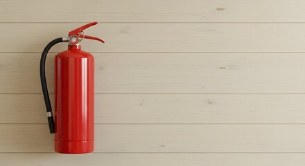 Obraz premium fire extinguisher on wooden deal board wall, background