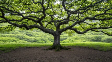 Obraz premium A majestic tree with sprawling branches and vibrant green leaves stands majestically in a lush landscape.