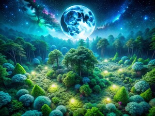 Panoramic Moonlit Forest: Bioluminescent Plants & Vibrant Green Foliage