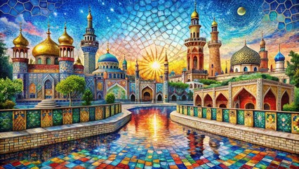 Panoramic Mosaic Tile Architecture: Intricate Smudge Paintbrush Strokes