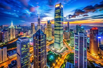 Obraz premium Panoramic Night View: Illuminated Skyscraper in Bustling City