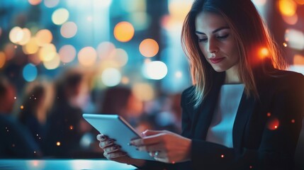 A focused shot of a professional woman jotting down notes on her tablet with a of attendees in the blurred background indicating an atmosphere of collaboration and knowledge exchange