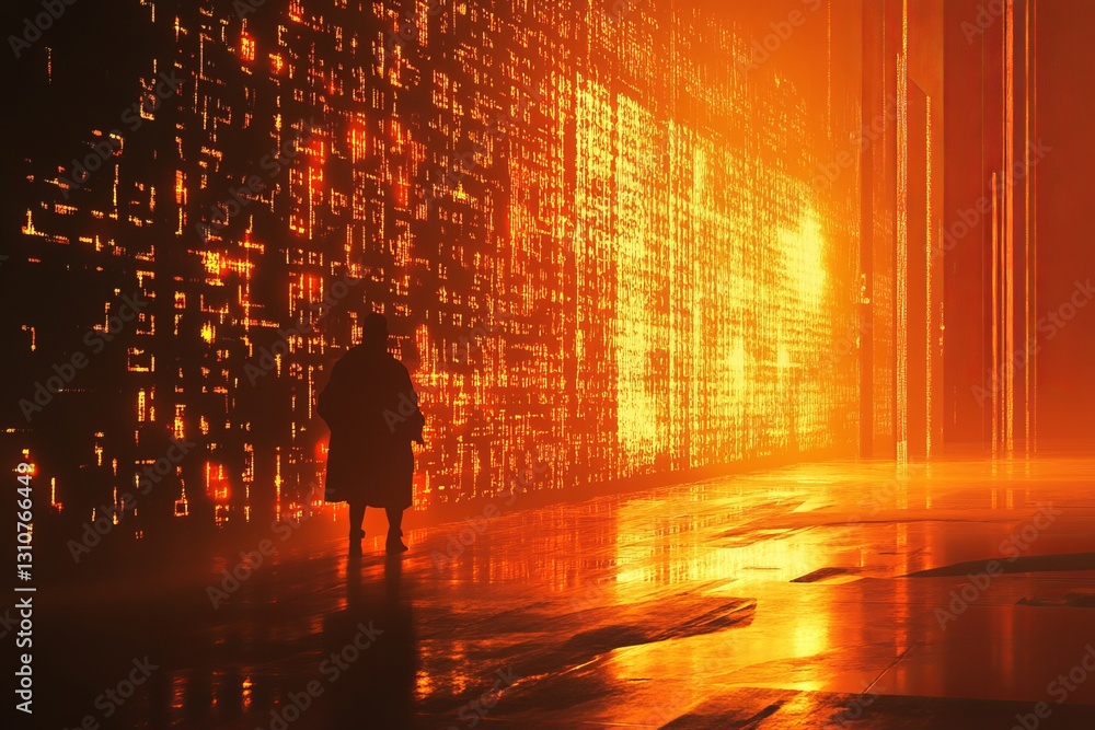 Poster solitary figure in futuristic environment with glowing abstract patterns