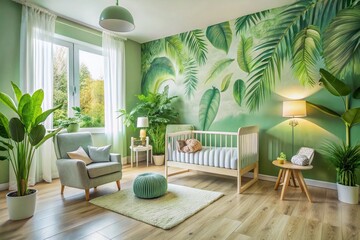 Fototapeta premium Panoramic Organic Nursery Design: Textured Leaves & Flowing Lines