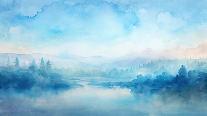 Fototapeta premium Panoramic Pastel Blue Watercolor Wash Background Texture