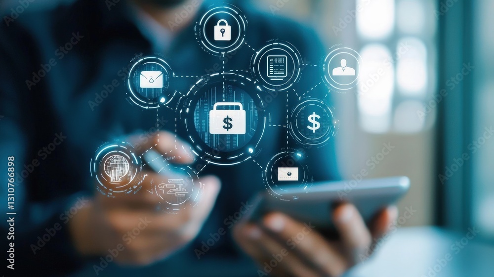 Poster secure payments, digital banking interface showcasing encryption icons