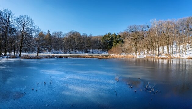 frozen forest lake surrounded by bare trees on a clear winter day - Powered by Adobe