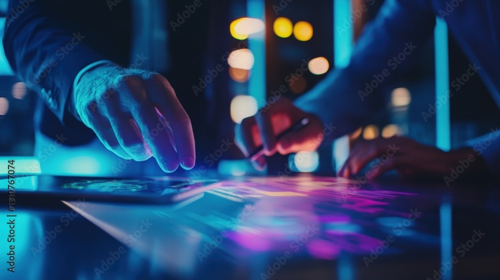 Poster two businessmen are using a digital interactive touchscreen table with displayed financial charts an