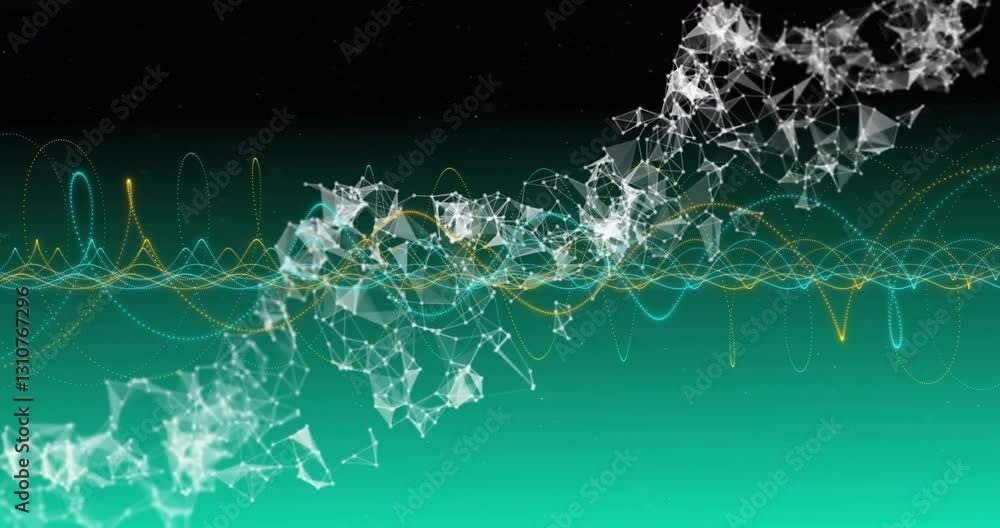 Poster animation of abstract geometric shapes and waveforms forming digital network pattern
