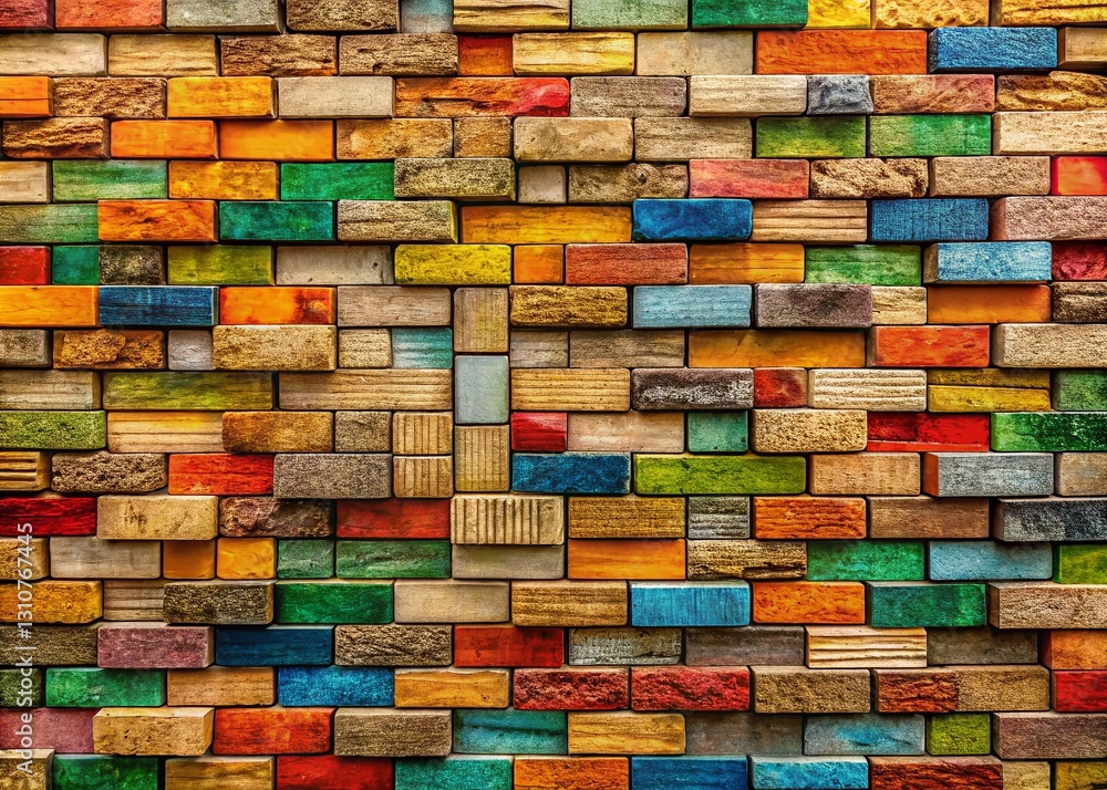Poster mosaic of colors: close-up of an eye-catching, vibrant brick wall with an array of colors creating a