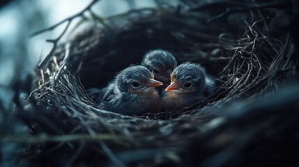 Fototapeta premium Three baby birds huddle in nest, forest background, nature photography