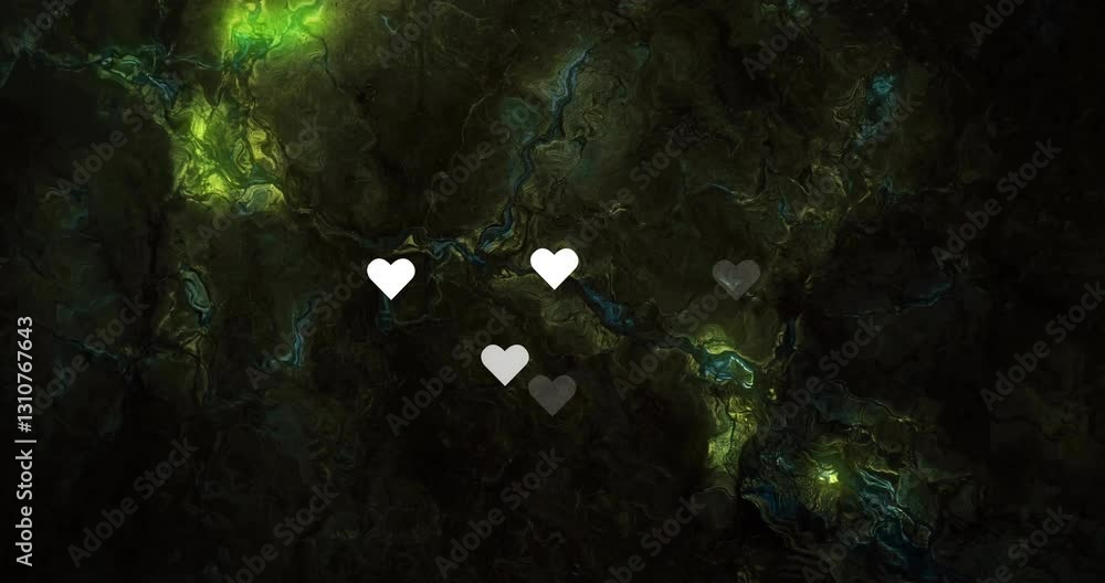 Poster animated hearts over green and black textured background, creating abstract pattern