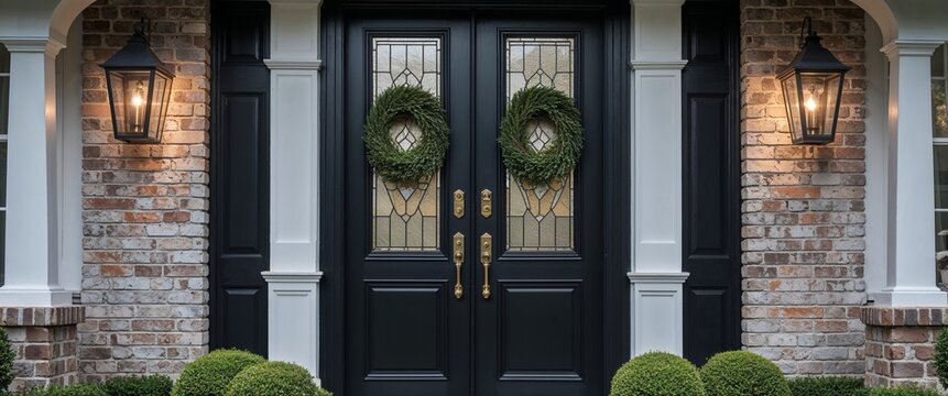 double front door in black colonial home house frontage portrait