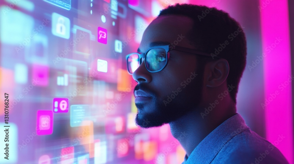 Poster software developer with glasses is looking at a holographic interface showing big data icons and col