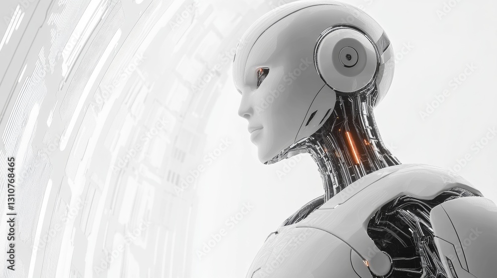 Poster futuristic white robot profile with ambient light and minimalist background in technological setting