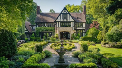 Obraz premium A grand Tudor mansion with timeless design, ornate details, and a lush, inviting garden --ar 16:9 --v 6.1 Job ID: d20fc8e8-a728-4ea7-947e-0b685ea5c5b0