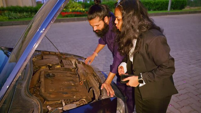 Technician opens vehicle hood to check issue outside