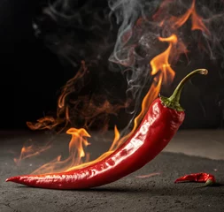 Plexiglas schilderij Hete pepers Close-up of red chili pepper seeds on fire on black background.  © Phalita